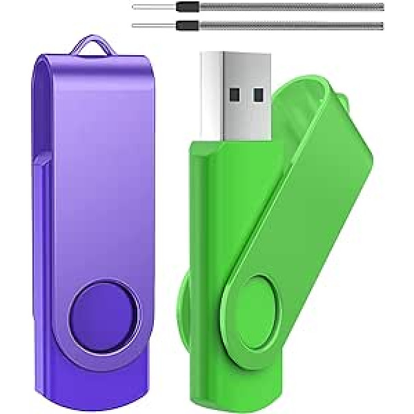 USB Stick 64 GB TATMOHIK USB Stick 3.0 High Speed, Pack of 2 USB Memory Stick Data Storage for School, Office and Home, Pendrive with LED Display and Lanyard (Green and Purple)