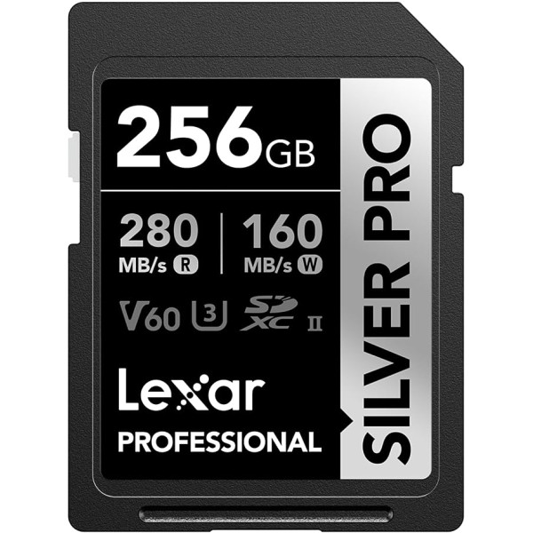 Lexar Silver Pro SD Card 256GB, SD Memory Card UHS-II, V60, U3, C10, SDXC Card, Up to 280MB/s Read, for Professional Photographers, Videographers, Enthusiasts (LSDSIPR256G-BNNAA)