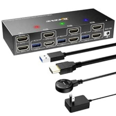 USB 3.0 HDMI KVM Switch 3 PC 2 Monitors 4K @ 60Hz, 2K @ 144Hz Extended Display, Simulation EDID, ESKEVE HDMI 2.0 KVM Switches with 4 USB 3.0 Ports for 3 PC Dual Monitor and 4 USB Devices