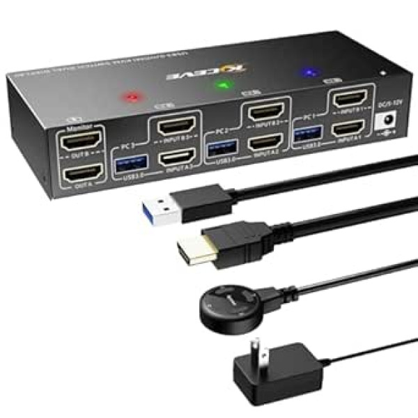 USB 3.0 HDMI KVM slēdzis 3 datori 2 monitori 4K @ 60Hz, 2K @ 144Hz paplašināts displejs, simulācijas EDID, ESKEVE HDMI 2.0 KVM slēdži ar 4 USB 3.0 pieslēgvietām 3 datora diviem monitoriem un 4 USB ierīcēm