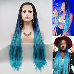 Onlygirl 26 Inch Ombre Black Blue Braided Wigs for Black Women Dreadlock Knotless Braided Synthetic Lace Front Wigs Braided Wigs Crochet Box Braids Ombre Blue Hair Women