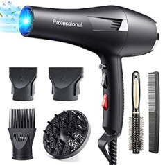 Happygoo Ion Hair Dryer Professional Hair Dryer 2400 W Hair Dryer 2022 with 1 Diffuser, 2 Styling Nozzles, 3 Heating and 2 Speed Levels, 2.5 Metres Long Power Cable, Strong Harp Dryer for Family