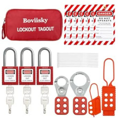 Boviisky Elektrisches Lockout-Tagout-Set – Gruppenverriegelungs-Hallen, 6 Lockout-Tags, 3 verschiedene Loto-Vorhängeschlösser, Nylonbänder mit roter Tasche