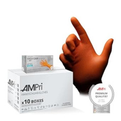 AMPri High Grip Disposable Nitrile Gloves, 10 Boxes of 50 Pieces, Size S, Orange, SolidSafety: Extra Grippy and Chemical-Resistant Work Safety Gloves Available in Sizes S, M, L, XL, XXL