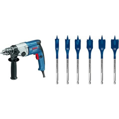 Bosch Professional Drill GBM 13-2 RE (ieskaitot atslēgpatronu 1,5–13 mm, kaste) + 6x Expert SelfCut ātruma plakano frēzēšanas urbju komplekts (skujkokam, rupjai skaidu plātnei, diametrs 13–25 mm, piederumi)