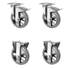 CASCOO SETTHFH125BAF2D0N Castor Set of 2 Castors with Lock, 2 Fixed Castors, Aluminium Rim, Elastic, Diameter 125 mm, Heavy Load, Double Ball Bearing, Load 900 kg (Set of 4)