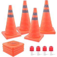 ERKOON 4 Pack 18 Inch Foldable Traffic Cones Safety Cones with 4 LED Safety Cones Parking Cones Driving Building Cones Fluorescent Orange Pop Up Reflective Safety Cones 18 Inch