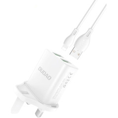 Dudao Tīkla lādētājs ar UK spraudni 2x USB-A + iPhone Lightning kabelis 1m balts