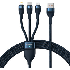 3in1 kabelis ātrās uzlādes kabelis no USB-A līdz USB-C microUSB Lightning 66W 480Mb/s 1,2m zils