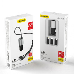 Dudao 3in1 USB auto lādētājs + iebūvēts Lightning USB-C micro USB kabelis, melns