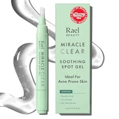 Rael Acne Spot Treatment Miracle Clear Soothing Spot Gel Pen — pūtīšu želeja, pūtītes un plankumi, agrīnas stadijas pūtītēm, ar dzintarskābi, tējas koku un Zica, vegan (4 ml, 0,4 unces)