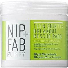 ‎Nip+Fab Nip + Fab Teen Skin Fix Zero Breakout Rescue Pads | Pret pinnēm pīlinga sejas spilventiņi | Salicilskābe | Raganu lazda | Antioksidants vasabi ekstrakts | BHA skābe | Attīrītas poras | Nav pūtīšu | 60 gab