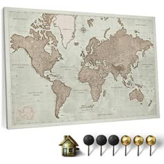 High-Quality Canvas World Map with Cork Pin Board, English Lettering, Decorative Wall Decoration for All Rooms, Canvas Pictures with World Map Motif (70 x 50 cm, Pattern 19)