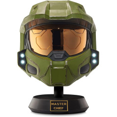 Halo Master Chief luksusa ķivere ar statīvu — LED gaismas katrā pusē — cīnieties ar bojātu krāsu — viens izmērs der visiem — veidojiet savu Visumu