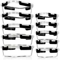 MEETOZ 10 Stück Glas-Mahlzeiten-Vorbereitungsbehälter, luftdichte Glas-Lebensmittelbehälter, stapelbare Glas-Frischhaltedosen Set mit Deckel, BPA-frei, für Mikrowelle, Backofen, Gefrierschrank und