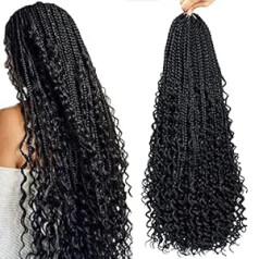 24 collu (61 cm) Goddess Curly Box bizes tamborēti mati melnām sievietēm Goddess Box bizes tamborēti mati Bohēmijas hipiju bizes, iepriekš cilpas sintētiski tamborēti mati (24 collas, 1B, 8 iepakojums)