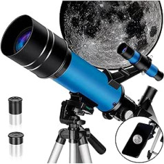 Astronomijas teleskops, pieaugušajiem paredzēts bērniem, iesācējs, 400/70 mm, astronomiskais teleskops, viegli saliekams un lietojams, debesu un ainavu novērošanai (zils)