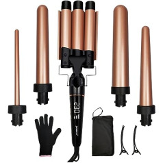 5 in 1 Curling Iron Set 3 Barrels Wave Iron Curling Iron for Large Curls, Small Curls, Temperature Setting, Ceramic Tourmaline Coating Curler with Glove, for Long / Short Hair