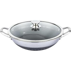 4BIG.fun Wok Frying Pan Stainless Steel 32 cm Non-Stick Wok Pan with Glass Lid Asia Casserole Dish Induction