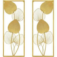 AOTISBAO Metal Wall Decorations, Pack of 2, Golden Metal Art, Wall Sculptures, Ruffled, Fans, Palm Leaf, Wall Hanging, Decorations with Frame for Living Room, Office (81.3 x 30.5 cm)