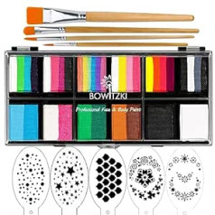 Bowitzki 12x10 gm Face Paint Professional Face Painting Kit For Kids Adults with Stencil One Stroke Split Cake Non Toxic Rainbow Flora Dolphin Unicorn Flame Body Paint Makeup - Carnival Set