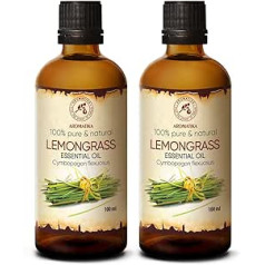 Lemongrass Oil, 2x 100 ml, Cymbopogon Flexuosus, India, 100% Natural & Pure Lemongrass Essential Oil for Aromatherapy, Aroma Diffusers, Oil Burners, Room Fragrance