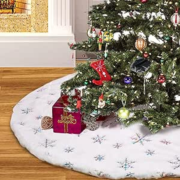 Drezesov Christmas Tree Skirt with 20 Pieces Christmas Card, 122 cm Soft Christmas Tree Skirt with Coloured Snowflake White Faux Fur Rug for Christmas Holiday Decoration