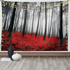 ABAKUHAUS Forest Tapestry and Bedspread, Mystical Foggy Woodland Soft Microfibre Fabric, Washable without Fading Digital Print, 230 x 140 cm, Pale Grey, Black and Red