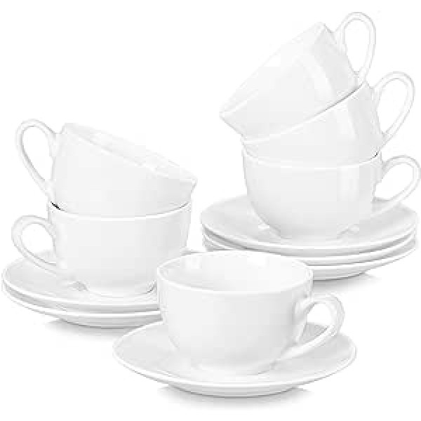 LOVECASA saldais 12-daļīgs porcelāna kafijas komplekts ar apakštasītēm, kapučīno krūzes 6 personām, 230 ml, balta krāsa