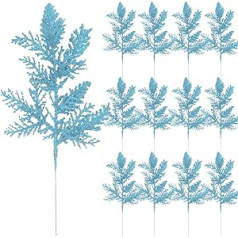 12 Pieces Artificial Christmas Glitter Leaves Christmas Glitter Pine Pins Branches Spray Glitter Frosted Branches for DIY Accessories Christmas Flower Decorations Wreath Garland (Sky Blue)