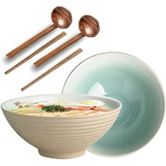 2 x Soup Bowls 1200 ml Japanese Ramen Ceramic Bowl Set with Spoon and Chopsticks, for Cereal, Soup, Salad and Pasta