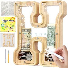 Mikytoper Personalised Wooden Letter Money Box A-Z Alphabet Piggy Bank Transparent Money Box for Gift Decoration Christening (H)