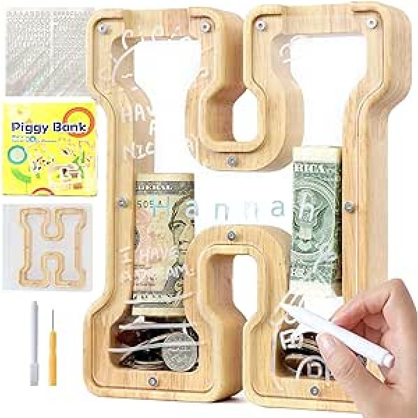 Mikytoper Personalised Wooden Letter Money Box A-Z Alphabet Piggy Bank Transparent Money Box for Gift Decoration Christening (H)