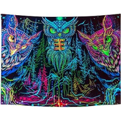 Roninkier fluorescences UV gobelēns psihodēlisks sienas piekariņš - melns gaišs pūces gobelēns estētisks zvaigžņots debess sienas dvielis Hippie Boho guļamistabas viesistabas dekorēšanai, 200 x 150 cm