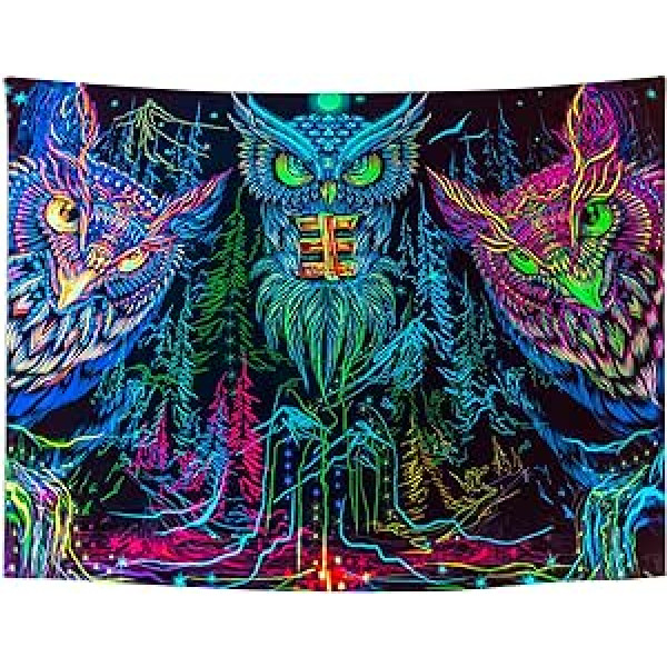 Roninkier fluorescences UV gobelēns psihodēlisks sienas piekariņš - melns gaišs pūces gobelēns estētisks zvaigžņots debess sienas dvielis Hippie Boho guļamistabas viesistabas dekorēšanai, 200 x 150 cm