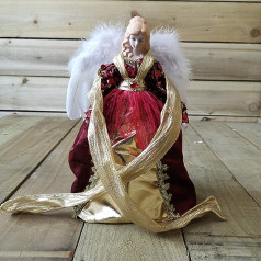 Traditional Red & Gold Angel Christmas Tree Topper with White Feather Wings (30 cm)