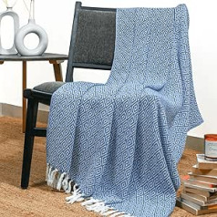 Cotton Blanket Blue - 127 x 152 cm Soft and Warm Plaid Decorative Reversible Throw with Tassel for Sofa and Couch Blanket Made of Pure Cotton for Living Room and Bedroom