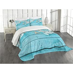 ABAKUHAUS Maritim Bedspread Set, Nautical Shells and Net, Set with Pillowcases Washable, for Double Bed 220 x 220 cm, Aqua Tan
