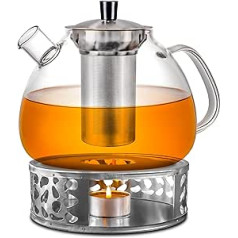 Cosumy 1500 ml Glass Teapot with Warmer Set – with Stainless Steel Strainer Insert – Dishwasher Safe – Heat Resistant