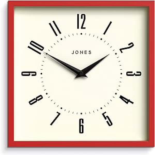 JONES CLOCKS® kastes retro sienas pulkstenis - kvadrātveida pulkstenis - virtuves pulkstenis - biroja pulkstenis - retro pulkstenis - dizainera pulkstenis - krāsains korpuss - arābu ciparnīca (motora sarkana)