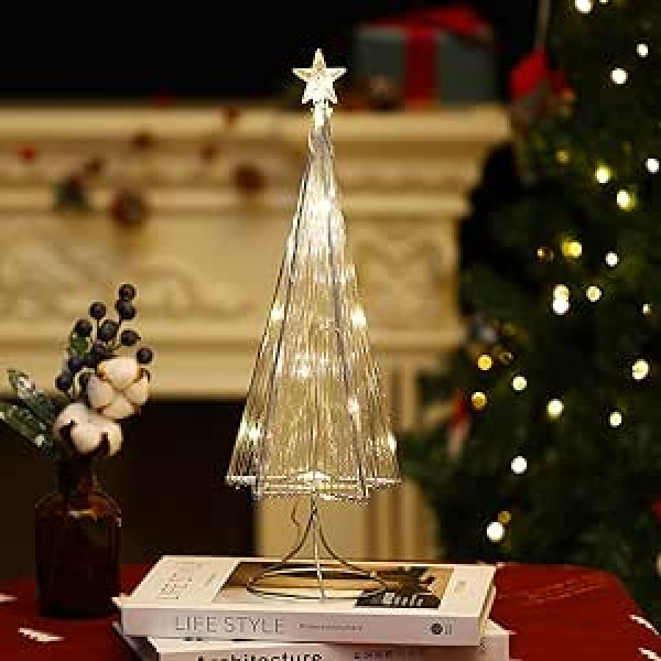 Kssiaz Table Lamp, Christmas Tree Bedside Lamp, LED Christmas Decoration, Indoor, Battery Operated/USB Operated Metal Desk Lamp, Table Decoration, Christmas Tree Decoration for Christmas, Silver