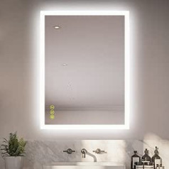 AI-LIGHTING vannas istabas spogulis ar apgaismojumu, 80 x 60 cm, taisnstūrveida vannas istabas spogulis ar apgaismojumu, pret miglas, apgaismots, regulējams, silti balts/vēsi balts/neitrāls LED spogulis vannas istabai