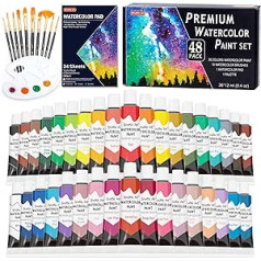 Shuttle Art 48-Piece Watercolour Paint Set, 36 Watercolour Paints in Tubes, 12 ml Each, Liquid Watercolours with 10 Brushes, Watercolour Pad, Palette, Watercolours for Children, Adults, Beginners and