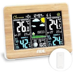 ADE WS 1703 Wireless Weather Station with Outdoor Sensor Digital, professional wireless weather station made of real bamboo. For precise prediction, indoor and outdoor temperature display, hygrometer. Large LED colour display.