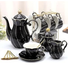 DUJUST 22 Piece Black Porcelain Tea Set for 6 People, Luxury British Style Tea Coffee Cup Set with Gold Rim, Beautiful Tea Set for Women, Tea Party Set, Gift Package