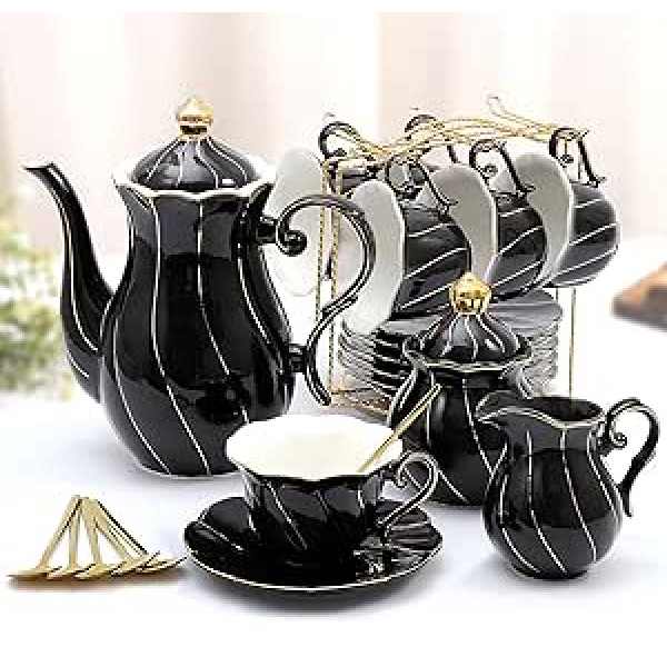 DUJUST 22 gabalu melnā porcelāna tējas komplekts 6 personām, luksusa britu stila tējas kafijas tases komplekts ar zelta malu, skaists tējas komplekts sievietēm, tējas ballīšu komplekts, dāvanu komplekts