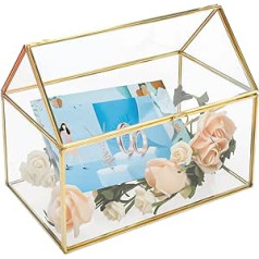 Homtone 25 cm Stikla Kāzu Kartīšu Kastīte, Ar rokām darināta Zelta terārija stikla kastīte kāzām, pieņemšanām, Galda noformējums, dāvana