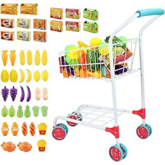 deAO 47 Pieces Children's Shopping Trolley Metal with Food Fruit Games, Small Supermarket Trolley Play Set Kitchen Toy Set, Children's Shopping Basket Educational Toy Gift from 3 Years (White)