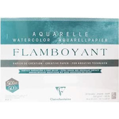 Clairefontaine Flamboyant 975066C Akvareļu papīra spilventiņš, līmēts no 4 pusēm, 20 loksnes, 36 x 51 cm, 300 g, ar nobružātu malu, ar spēcīgu struktūru, ideāli speciālie efekti, īpaši balts