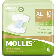 MOLLIS pieaugušo autiņbiksītes, autiņbiksītes vīriešiem un sievietēm, nesaturēšanas biksītes ar cilnēm, maksimāla uzsūkšanās spēja, aizsardzība pret noplūdi naktī, unisex, izmērs XL, iepakojumā 15